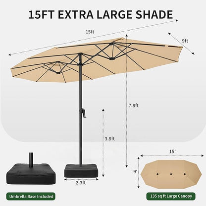 OLILAWN Patio Table Umbrella, 15ft Large Deck Umbrella with Base Included, Outdoor Double-Sided Rectangle Market Umbrella with Aluminium Crank, 12 Sturdy Ribs, for Deck Porch Garden, Cream
