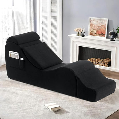 Yoga Chair Lounge for Adult, Ergonomic Chaise Lounge Chair with Side Pocket, Headrest, Waist Pad, Ottoman，Perfect for Stretching, Massage, and Relaxation, Used in Living Room, Bedroom（Black）