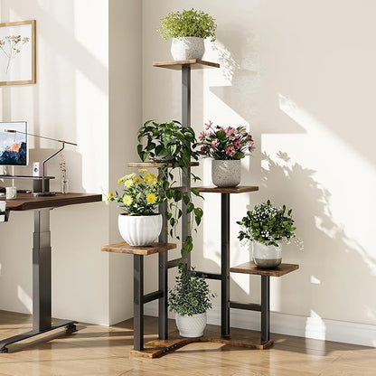 Corner Plant Stand Indoor with Grow Lights, 6 Tiered Corner Plant Shelf Flower Stand for Multiple Plants, Plant Shelves Organizer Rack for Living Room, Balcony, Patio, Square Rustic Brown