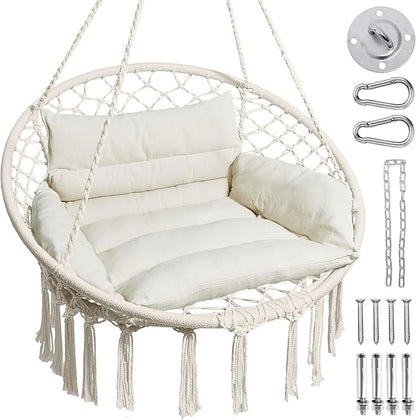 Greenstell Hammock Chair, Macrame Swing Chair with Comfy Cushion, Boho Hanging Chair for Outdoor & Indoor, Perfect for Bedroom, Patio, Balcony, Hold up to 350Lbs, Beige
