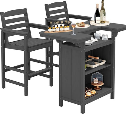 SERWALL Outdoor Bar Table Set (1 Table with 2 Chairs) – HDPE Grey Patio Bar Cabinet with 4-Tier Storage & Spacious Tabletop, Perfect for Outdoor, Poolside, Backyard