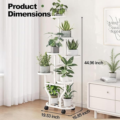 Plant Stand with Wheels 6 Tier Metal Flower Shelf for Indoor Outdoor Corner Multiple Plants Holder Rack for Bedroom Living Room Garden Balcony Yard White (White, 6 Tier)