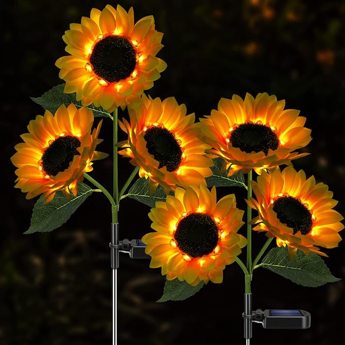 Solar Sunflower Lights, 800mA Solar Garden Light with Real Looking Flowers Outdoor Waterproof Solar Stake Lights for Back Yard, Flower Bed, Pathway, Patio, Porch, Fall Decoration (4 Pack)