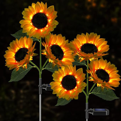 Solar Sunflower Lights, 800mA Solar Garden Light with Real Looking Flowers Outdoor Waterproof Solar Stake Lights for Back Yard, Flower Bed, Pathway, Patio, Porch, Fall Decoration (4 Pack)