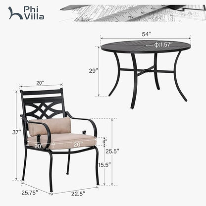 PHI VILLA 7 Pieces Outdoor Dining Set for 6, 54" Round Black Metal Table with Umbrella Hole & Wrought Iron Chairs, Rustproof Large Outside Furniture with Cushions & Pillows for Patio, Deck, Porch
