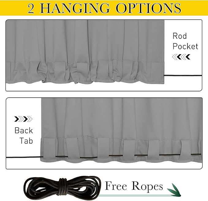 NICETOWN 2 Panels Outdoor Curtains for Patio Waterproof & Windproof, Extra Wide Grommet & Back Tab on Top & Bottom Thermal Insulated Sun Blocking Drapes with Rope for Deck, Silver Grey, W100 x L108