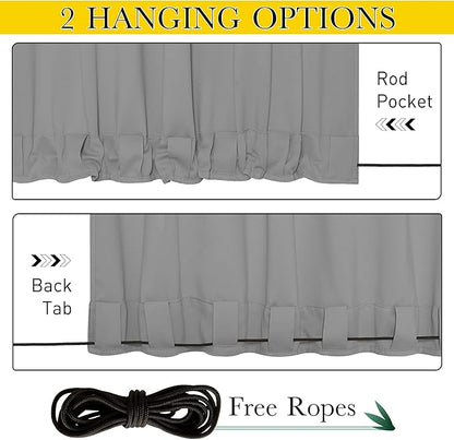 NICETOWN 2 Panels Waterproof Outdoor Curtains Fixed Grommet & Back Tab on Top & Bottom, Thermal Insulated Keep Rain & Sun Out Blackout Windpoorf Outdoor Draperies with Rope, W52 by L84, Silver Grey