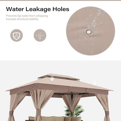 LAUSAINT HOME Semi-Permanent Outdoor Patio Gazebo 10'x13', Heavy Duty Party Tent Shelter with Double Roofs, Mosquito Nettings and Privacy Screens for Backyard, Garden, Lawn, Khaki