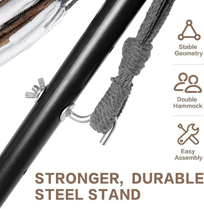 PNAEUT Double Hammocks with Stand for Outside, Portable Space Saving Heavy-Duty Steel Frame for Indoor Outdoor Patio Yard, Easy Assembly, 2 Person 450 lbs Capacity (Coffee)