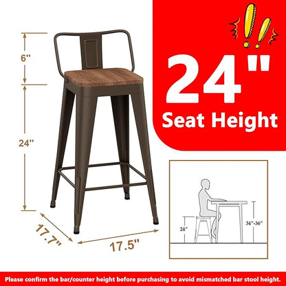 WENTMENT Industrial Rusty Bar Stools Set of 4, 24" Counter Height, Wooden Seat, Removable Back, Stackable