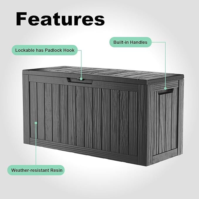 Deck Box 80 Gallon Black Resin Outdoor Storage, Lockable