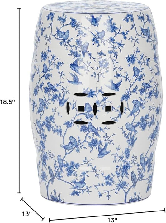 Decorative Garden Stool, Blue Ceramic Birds Design, 13 x 13 x 18.5 In