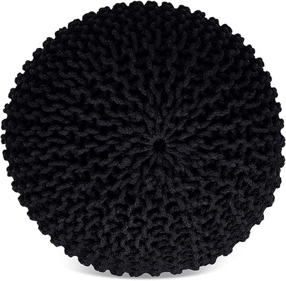 FRELISH DECOR Round Pouf Ottoman Hand Knitted 100% Cotton Pouf Foot Stool - Knitted Bean Bag - Floor Chair for Living Room Bedroom - Foot Rest for Couch (20 Diameter x 14 Height) - Black