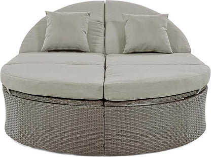 Merax Outdoor Sun Bed Patio 2-Person Daybed with Cushions and Pillows, Rattan Garden Reclining Chaise Lounge with Adjustable Backrests and Foldable Cup Trays for Lawn, Poolside, Grey