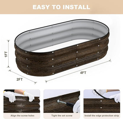 4x2x1FT Galvanized Raised Garden Beds,Raised Garden Bed with Safety Edging and Gloves,Oval Metal Planter Box for Gardening Vegetables Flowers Herb-Classic Walnut