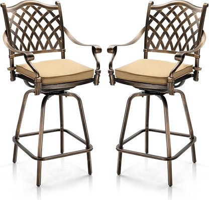 VINGLI Outdoor Swivel Bar Stools Set of 2, Cast Aluminum All-Weather Patio Bar Height Chairs, Patio Bar Dining Chairs Outdoor Swivel Patio Furniture (Grid Back)