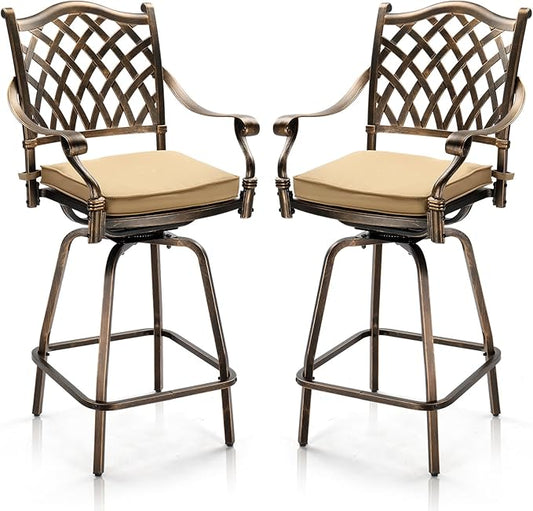 VINGLI Outdoor Swivel Bar Stools Set of 2, Cast Aluminum All-Weather Patio Bar Height Chairs, Patio Bar Dining Chairs Outdoor Swivel Patio Furniture (Grid Back)