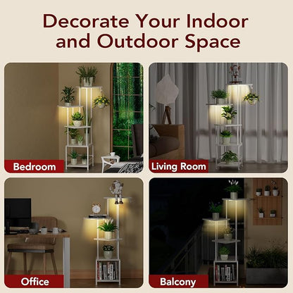 Plant Stand Indoor with Grow Light, 5-Tiered Tall Plant Stand Indoor, Metal Plant Shelf with Hanging Basket Hook and Adjustable Light, Ideal for Living Room, Garden, Patio white