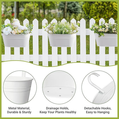 Dahey 10.5 Inch Metal Iron Hanging Flower Pots for Railing Fence Hanging Bucket Pots Countryside Style Window Flower Plant Holder with Detachable Hooks Home Decor,White,5 Pcs