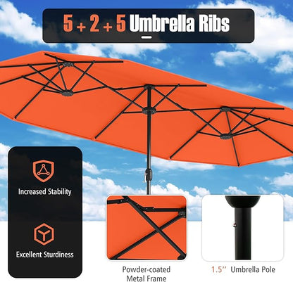 Tangkula 9 Piece Rattan Outdoor Dining Set with 13Ft Umbrella for 6, Outdoor Wicker Table Set with 6 Cushioned Armchairs, Acacia Wood Top, Outdoor Umbrella & with Base Included