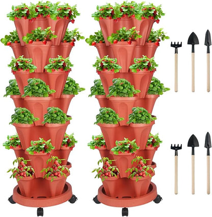 GameXcel Vertical Planter 7 Tier Stackable Planters Garden Planters Strawberry Herb Flower and Vegetable Planter Indoor Outdoor Gardening Pots with Removable Wheels and Tools 2-Pack