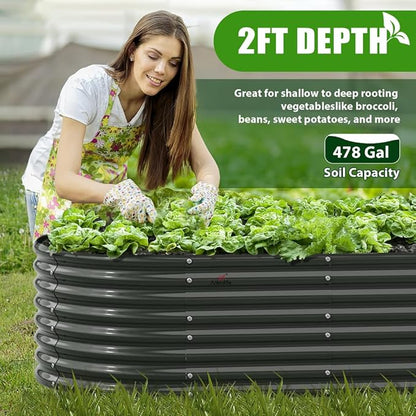 A ANLEOLIFE 8-Set 8X4X2 ft Galvanized Raised Garden Bed Kit, Oval Metal Deep Root Planters for Outdoor Plants, Quartz Grey