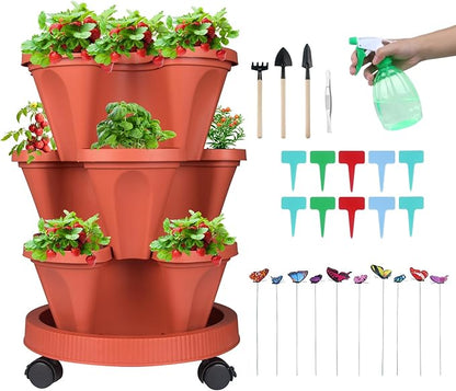 Vertical Planter 3 Tier Stackable Planters Garden Planters Strawberry Herb Flower and Vegetable Planter Indoor Outdoor Gardening Pots with Removable Wheels and Tools