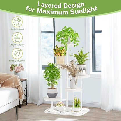 iDavosic.ly 5 Tier Plant Stand Indoor Outdoor, Tiered Corner Plant Stands for Multiple Plants, Metal Plastic Tall Plant Display Holder Flower Shelf for Patio Living Room Garden Balcony Bedroom, White