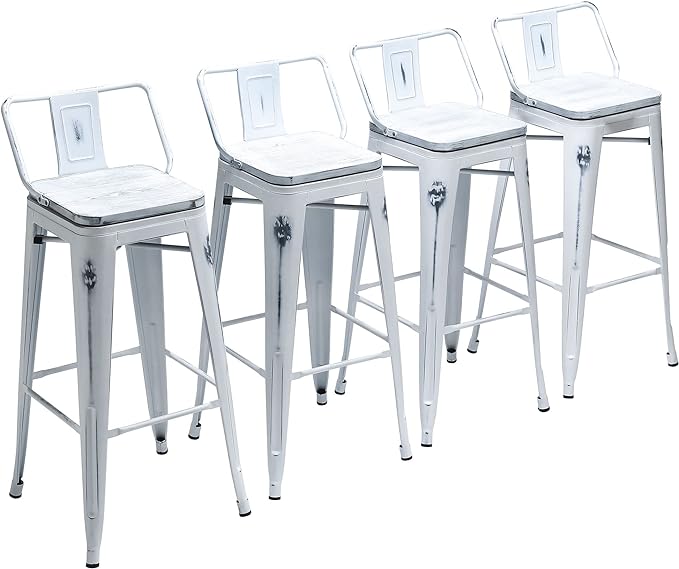 Yongchuang 26" Industrial Metal Barstools Set of 4 Counter Height Bar Stools with Back (Wood Top Low Back, Distressed White)