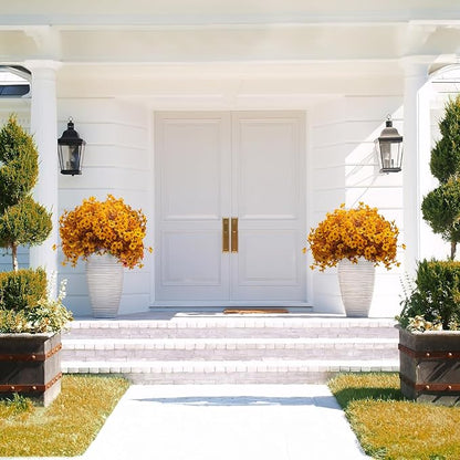 16 Bundles Artificial Fall Mums Outdoor UV Resistant, Fake Silk Plants No Fade Faux Greenery for Garden Porch Patio - Autumn Thanksgiving Christmas Home Decor (Fall Yellow)