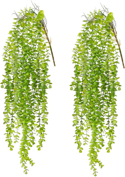 2 Pack Fake Hanging Plants, Artificial Hanging Eucalyptus Plants Greenery Vines UV Resistant Faux Trailing Plants for Indoor Outdoor Wall Shelf Porch Boho Home Patio Decor (2PCS Dark Green)