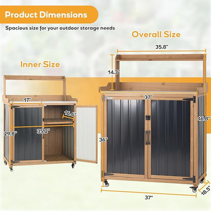 Potting Bench Table & Outdoor Storage Cabinet with Lockable Wheels, Adjustable Shelves, Mobile Waterproof Metal Top Workstation for Garden Patio BBQ Organization, Magnetic Latch & Edge Guard