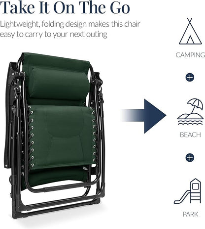 Best Choice Products Oversized Padded Zero Gravity Chair, Folding Outdoor Patio Recliner, XL Anti Gravity Lounger for Backyard w/Headrest, Cup Holder, Side Tray, Polyester Mesh - Forest Green