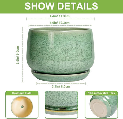 G EPGardening Ceramic Plant Pot - 4 inch Plant Pots with Drainage Hole & Saucer, Small Pots for Plant Indoor Outdoor, Modern Round Planter, Decorative Flower Pot, Room Decor, House Warming Gift, Green
