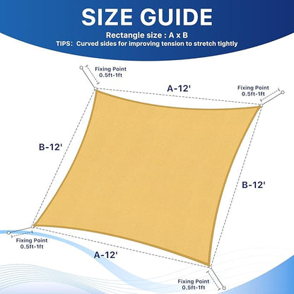12'x12' Sun Shade Sail, UV Protection Outdoor Shade, Curved Tear Resistant Heavy Duty Sun Shade for Patio Garden, Backyard, Deck, Car Port, Playground, (Sand)