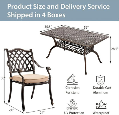 7-Piece Cast Aluminum Patio Furniture, Patio Dining Set for 6 Include 59" Rectangular Outdoor Dining Table and 6 Stackable Chairs with Cushions & Umbrella Hole (Bronze)