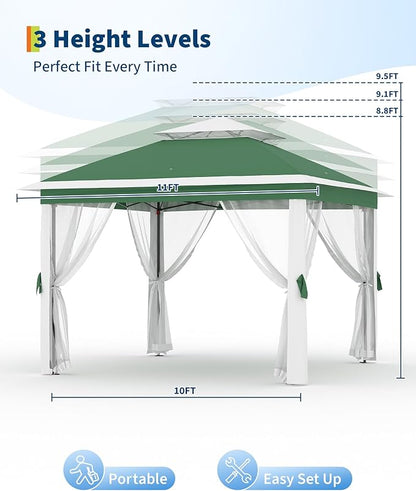 11'x11 Pop-Up Gazebo, Instant Outdoor Canopy Tent with Mosquito Nettings, Durable Steel Frame, Water, and UV Proof, for Patio, Garden, Courtyard, Party (Green)