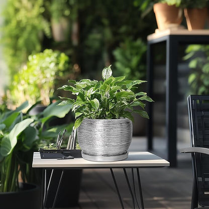 SQOWL Ceramic Pot for Plants - 8 Inch Planter with Drainage Hole and Saucer, Round Planter Indoor Outdoor, Modern Decorative Flower Pot, House Decor, Gifts for Plant Lovers, Silver