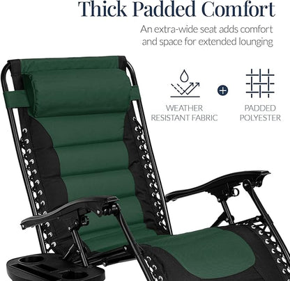 Best Choice Products Oversized Padded Zero Gravity Chair, Folding Outdoor Patio Recliner, XL Anti Gravity Lounger for Backyard w/Headrest, Cup Holder, Side Tray, Polyester Mesh - Forest Green