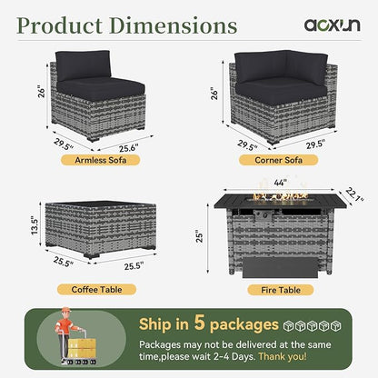 Aoxun 15 Piece Patio Furniture Set with Fire Pit Table Wicker Rattan Outdoor Sectional Sofa Set with Coffee Table and 4” Thickened Cushions, Grey/Black (Waterproof Cover Included)