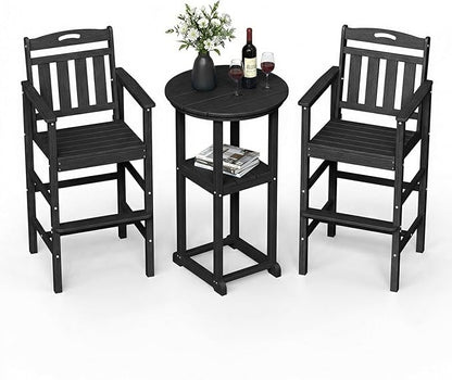 Ciokea 3-Pcs Bistro Table and Chairs, All-Weather Round High Top Bar Table with Storage Shelf and 2 Oversized Adirondack Chairs, Heavy Duty Outdoor Bar Set Patio Bistro Set for Balcony Deck, Black