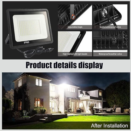 4Pack LED Flood Light Outdoor,100W LED Work Light 11000lmwith 6FT US Plug,IP66 Waterproof Exterior Security Lights,6000K Daylight White Outside Floodlights Slim Design for Playground Yard