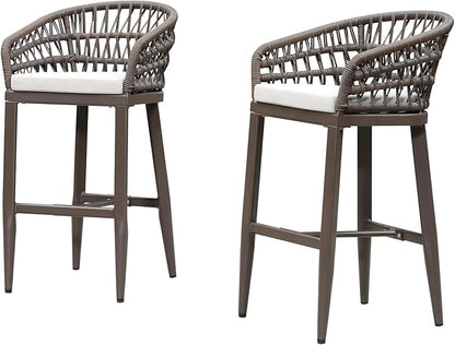 PURPLE LEAF Outdoor Rattan 29" Bar Stools Set of 2, Modern Boho Aluminum Patio Bar Height Chair with Cushion and Back for Garden Outdoor and Indoor, Coffee