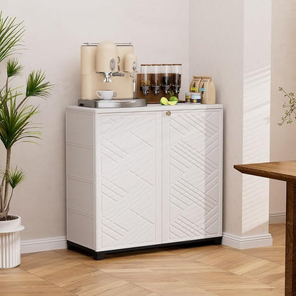 Outdoor/Indoor Storage Box,Resin and Plastic Storage Cabinet Waterproof,Outdoor Cabinet for Patio/Garden/Balcony/Backyard/All Room (with 2 Shelves)-White