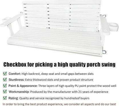 Wooden Porch Swing 3-Seater, High Backrest and Deep Seat, Bench Swing with Cupholders, Hanging Chains and 7mm Springs, Heavy Duty 880 LBS, for Outdoor Patio Garden (Pure White, 5 FT Extra Large)