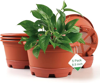 5 Pack 8.5 inch Plant Pot,Outdoor Flower Pots,Plastic pots for Plants Indoor with Drainage Holes and Trays, Decorative Garden Containers Sets for Houseplants
