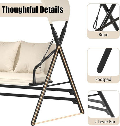 U-MAX 2 Seat Outdoor Porch Swings for Adults Patio Swings with Canopy Stand Metal Steel Frame Patio Swing Chair for Garden Yard Deck Poolside Easy Assembly, Cream White