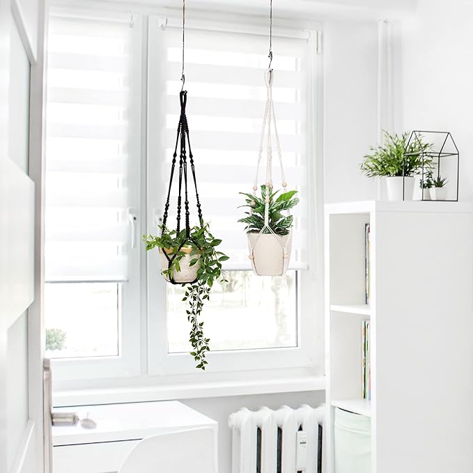 Macrame Plant Hanger Indoor Hanging with Wood Beads Macrame Planters No Tassel for Indoor Outdoor Boho Home Decor 35 Inch (Ivory,2pcs)