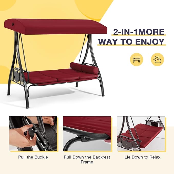 3-Person Porch Swing in Wine Red with Adjustable Canopy and Cup Holder