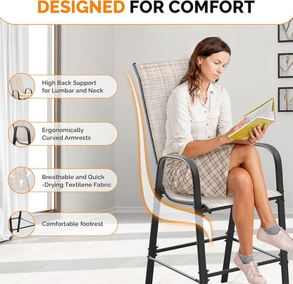 VINGLI Outdoor Bar Chairs Set of 8 – Stackable Outdoor Bar Stools with Sturdy Sling High Back and Armrests for Lawn, Courtyard, Garden, Bar, Yellow